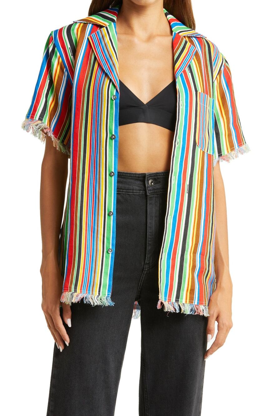 Simon Miller Zeem Stripe Short Sleeve Linen Button-Up Camp Shirt - L